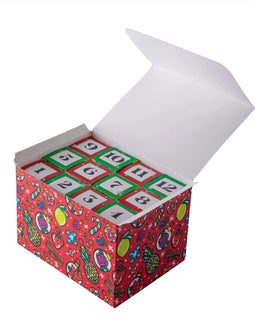12 Days of Cocktails advent calendar box with numbered mini boxes inside and colorful holiday-themed packaging.