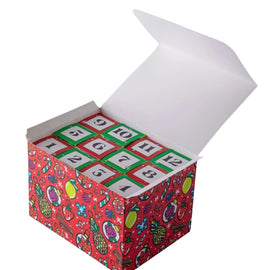 12 Days of Cocktails advent calendar box with numbered mini boxes inside and colorful holiday-themed packaging.