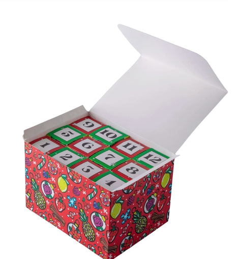 12 Days of Cocktails advent calendar box with numbered mini boxes inside and colorful holiday-themed packaging.