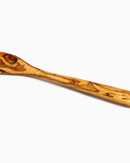 12-inch hand-carved olive wood spoon with rich grain pattern on a white background.