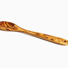 12-inch hand-carved olive wood spoon with rich grain pattern on a white background.