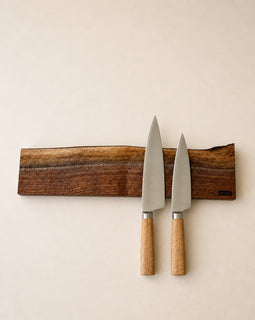 18 inch walnut magnetic knife holder with knives mounted on wall