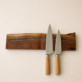 18 inch walnut magnetic knife holder with knives mounted on wall