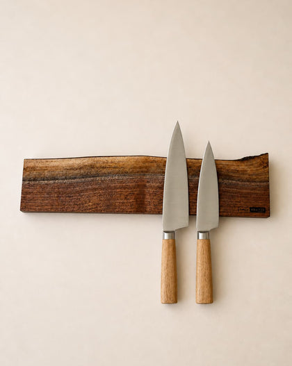 18 inch walnut magnetic knife holder with knives mounted on wall