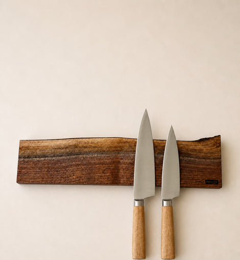 18 inch walnut magnetic knife holder with knives mounted on wall