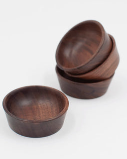 2-inch walnut wood small condiment cup with rich natural grain, shown stacked and individually on a white background.