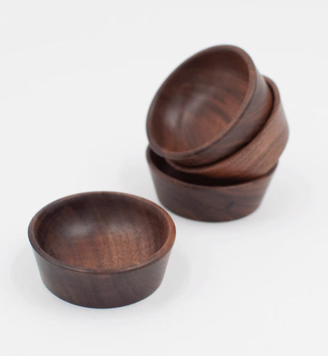 2-inch walnut wood small condiment cup with rich natural grain, shown stacked and individually on a white background.