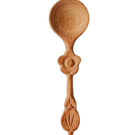 4-inch flower handle mini wooden spoon, hand-carved from solid wood with floral detailing, photographed on a white background.