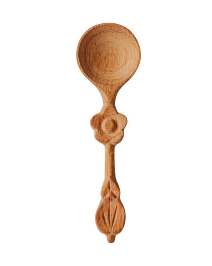 4-inch flower handle mini wooden spoon, hand-carved from solid wood with floral detailing, photographed on a white background.