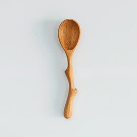 4-inch twig handle mini wooden spoon, hand-carved from solid wood, shown on a white background.