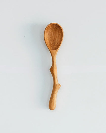 4-inch twig handle mini wooden spoon, hand-carved from solid wood, shown on a white background.