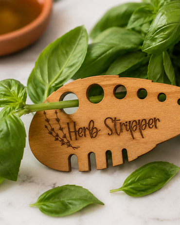 A wooden herb strapper tool with a fish-shaped design and laser-engraved text, styled on a white marble surface with fresh green basil leaves and a small terracotta bowl in the background.
