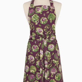 Artichoke chef apron in purple and green watercolor print with adjustable neck strap and long waist ties displayed on mannequin.