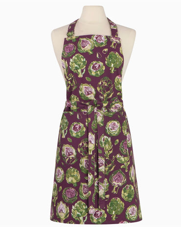 Artichoke chef apron in purple and green watercolor print with adjustable neck strap and long waist ties displayed on mannequin.