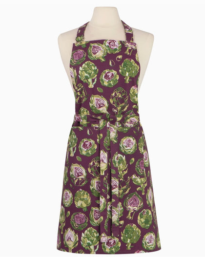 Artichoke chef apron in purple and green watercolor print with adjustable neck strap and long waist ties displayed on mannequin.
