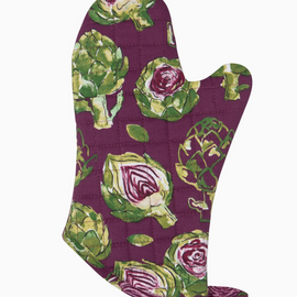 Quilted cotton oven mitt featuring watercolor artichoke pattern in purple and green tones with hanging loop for kitchen use.