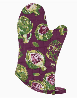 Quilted cotton oven mitt featuring watercolor artichoke pattern in purple and green tones with hanging loop for kitchen use.