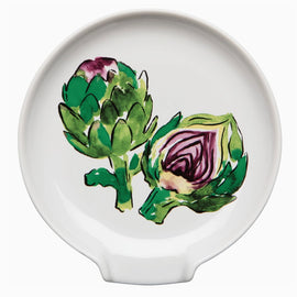 Ceramic spoon rest with watercolor artichoke illustration in green and purple tones designed to hold cooking utensils on kitchen counter.
