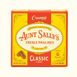 Box of Aunt Sally’s Creamy Classic Creole Pralines, 6-pack, handcrafted in New Orleans with pecans.