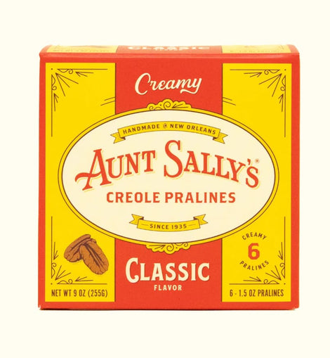 Box of Aunt Sally’s Creamy Classic Creole Pralines, 6-pack, handcrafted in New Orleans with pecans.