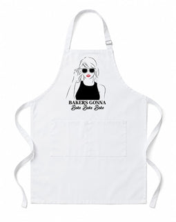 A white cooking apron with a front pocket, featuring a black and white graphic of a woman wearing sunglasses and the text 'BAKERS GONNA Bake Bakes Bake' printed on the chest.