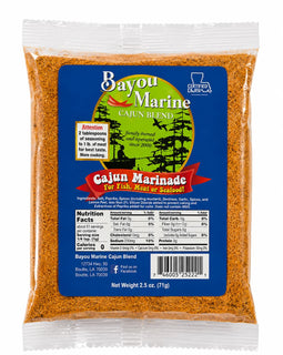 A 2.5 oz bag of Bayou Marine Cajun Marinade, featuring a clear plastic bag filled with orange-brown seasoned marinade and a large blue label with product details.