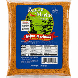 A 2.5 oz bag of Bayou Marine Cajun Marinade, featuring a clear plastic bag filled with orange-brown seasoned marinade and a large blue label with product details.