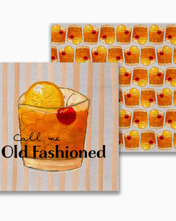 Cocktail napkins featuring hand-painted Old Fashioned drink and the text ‘Call Me Old Fashioned,’ with repeating Old Fashioned pattern on back.
