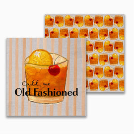 Cocktail napkins featuring hand-painted Old Fashioned drink and the text ‘Call Me Old Fashioned,’ with repeating Old Fashioned pattern on back.