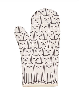 Cream-colored oven mitt with an all-over black line-art cat pattern on a white background.