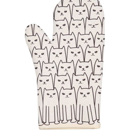 Cream-colored oven mitt with an all-over black line-art cat pattern on a white background.