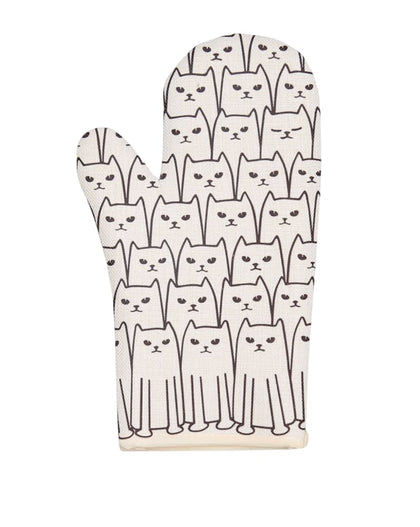 Cream-colored oven mitt with an all-over black line-art cat pattern on a white background.