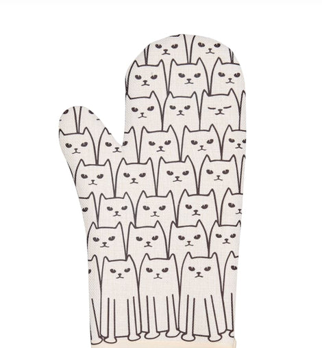 Cream-colored oven mitt with an all-over black line-art cat pattern on a white background.