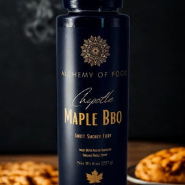 Chipotle Maple BBQ Hot Maple sauce bottle made with organic maple syrup, sweet smoky spicy maple condiment.