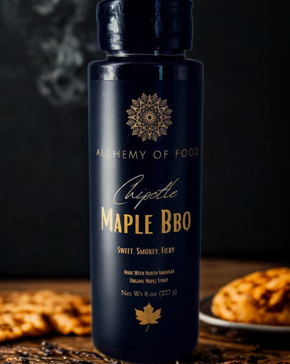 Chipotle Maple BBQ Hot Maple sauce bottle made with organic maple syrup, sweet smoky spicy maple condiment.