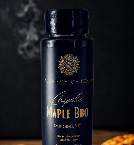 Chipotle Maple BBQ Hot Maple sauce bottle made with organic maple syrup, sweet smoky spicy maple condiment.