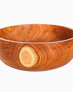 Classic teak wood salad serving bowl with rich natural grain, 12-inch diameter and 4-inch height, photographed on a white background.