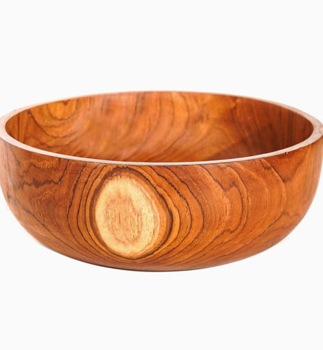 Classic teak wood salad serving bowl with rich natural grain, 12-inch diameter and 4-inch height, photographed on a white background.