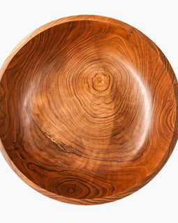 Classic teak wood salad serving bowl with rich natural grain, 12-inch diameter and 4-inch height, photographed on a white background.