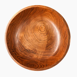 Classic teak wood salad serving bowl with rich natural grain, 12-inch diameter and 4-inch height, photographed on a white background.