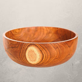 Classic teak wood salad serving bowl with rich natural grain, 12-inch diameter and 4-inch height, photographed on a white background.