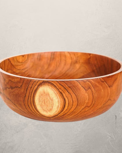 Classic teak wood salad serving bowl with rich natural grain, 12-inch diameter and 4-inch height, photographed on a white background.