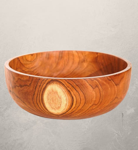 Classic teak wood salad serving bowl with rich natural grain, 12-inch diameter and 4-inch height, photographed on a white background.