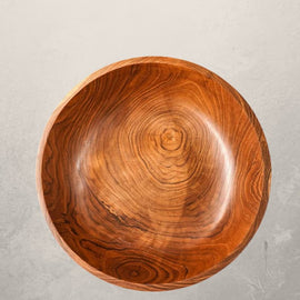 Classic teak wood salad serving bowl with rich natural grain, 12-inch diameter and 4-inch height, photographed on a white background.