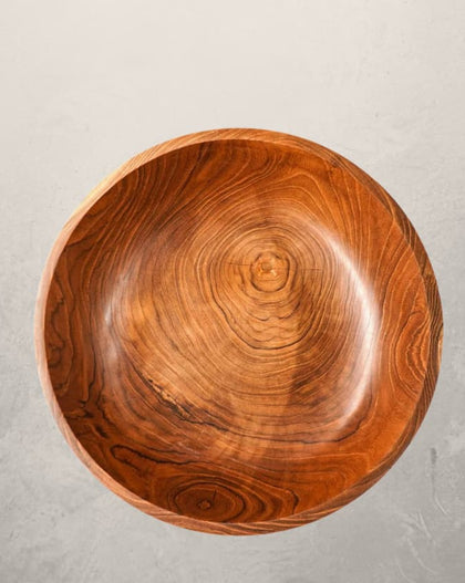 Classic teak wood salad serving bowl with rich natural grain, 12-inch diameter and 4-inch height, photographed on a white background.