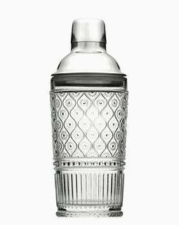 Clear Claro Collection embossed crystal cocktail shaker with Victorian-inspired textured glass design