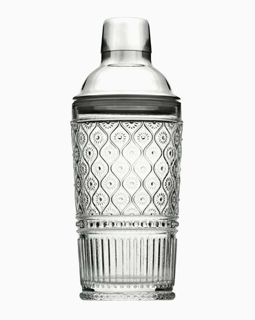 Clear Claro Collection embossed crystal cocktail shaker with Victorian-inspired textured glass design