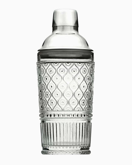 Clear Claro Collection embossed crystal cocktail shaker with Victorian-inspired textured glass design