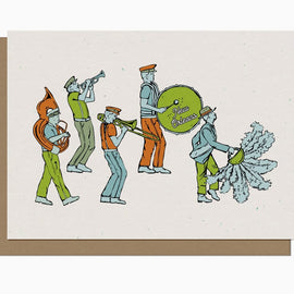 Greeting card featuring colorful New Orleans second line parade artwork, blank inside for personal message.