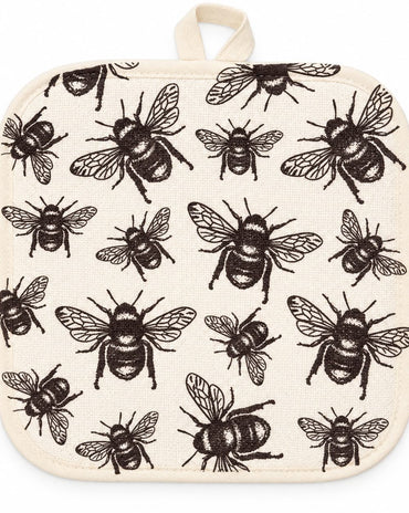 Cream-colored quilted pot holder with black honeybee illustrations and a fabric hanging loop.